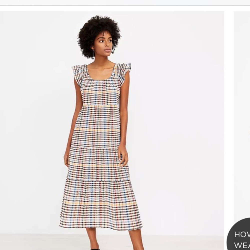 Loft Plaid Tiered Flutter Sleeve Midi Dress NWT